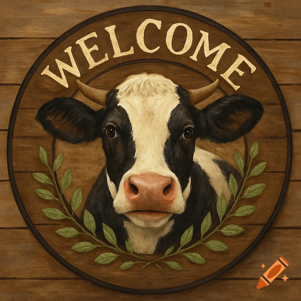 Close-up of a cow's face inside a circular wooden sign with 'WELCOME' text and green leaves, against a rustic wood background.