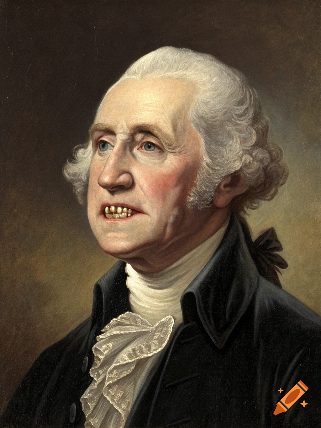 Oil painting portrait of George Washington with prominent, unusual teeth