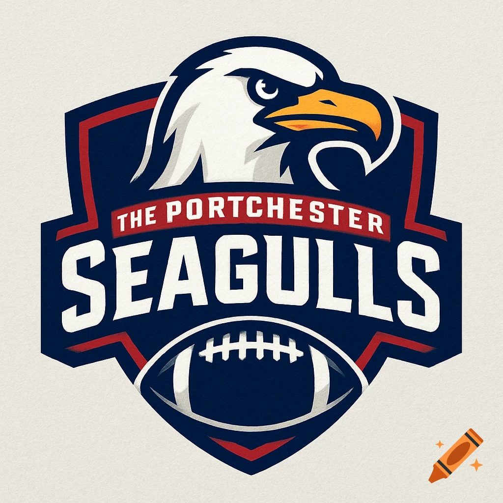 A sports logo for The Portchester Seagulls football team featuring an eagle head above a football.
