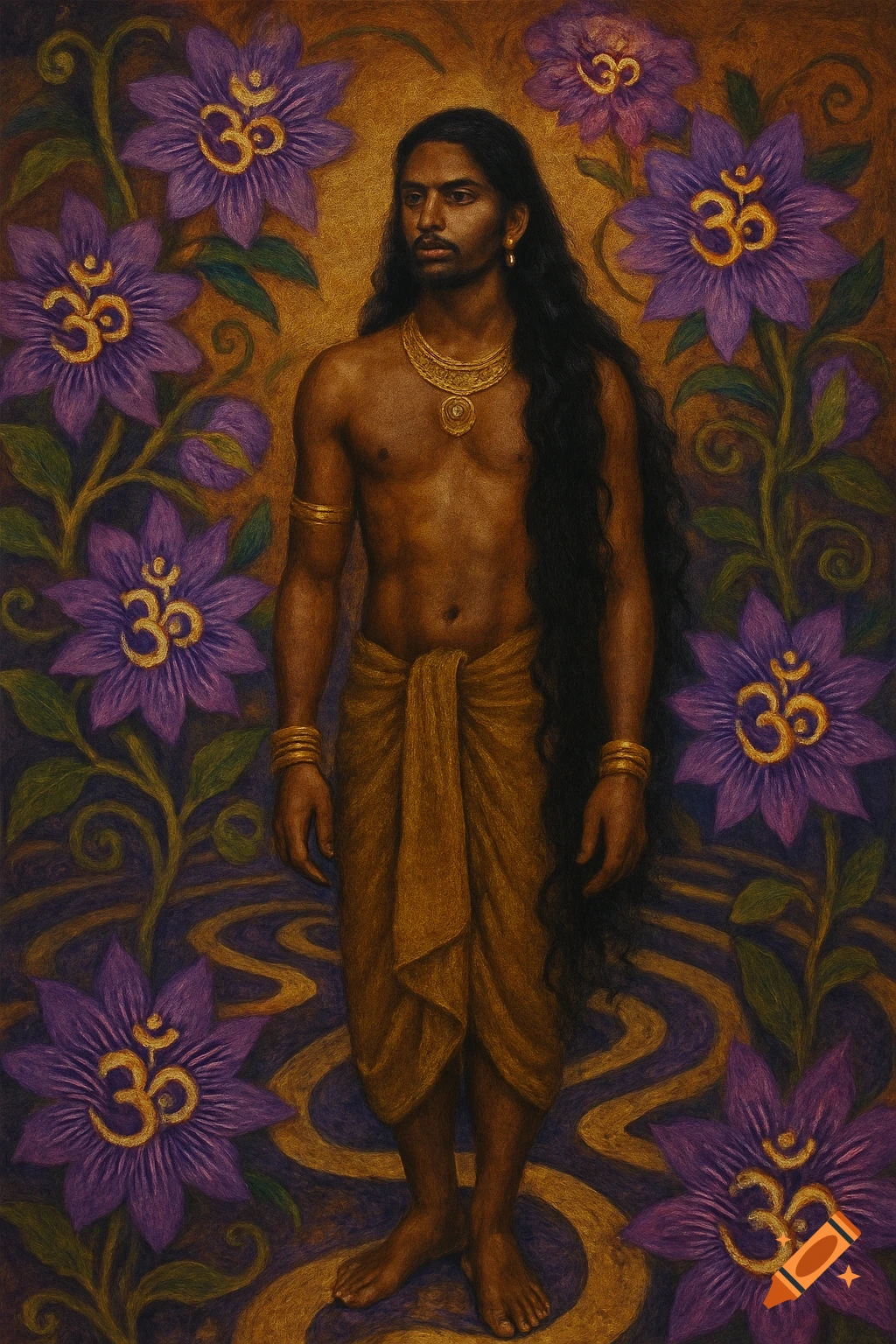 Oil painting of a dark-skinned man in a sarong surrounded by purple passionflowers with Om symbols.