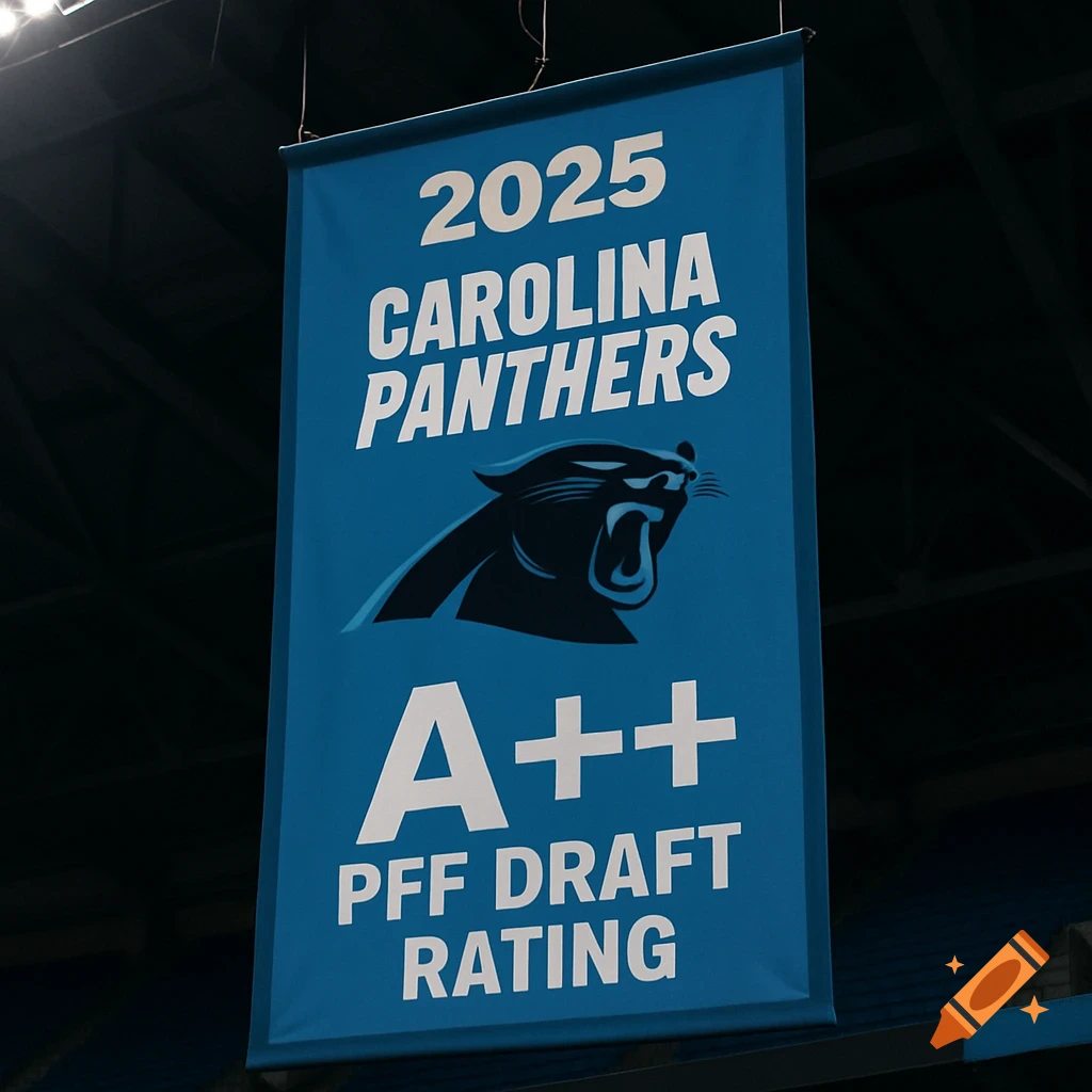 A blue banner hangs in a stadium reading "2025 Carolina Panthers A++ PFF Draft Rating" with a panther logo.