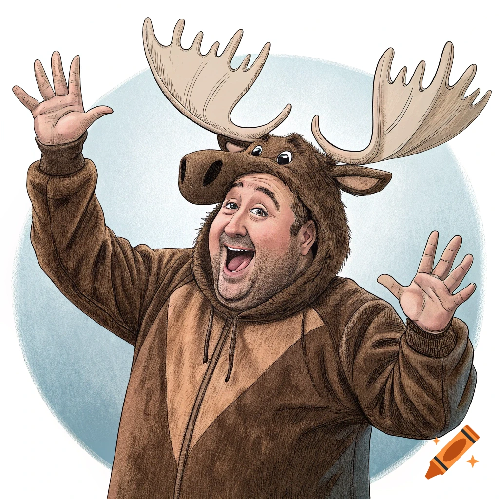 Illustration of a man wearing a moose mascot costume, smiling with hands raised