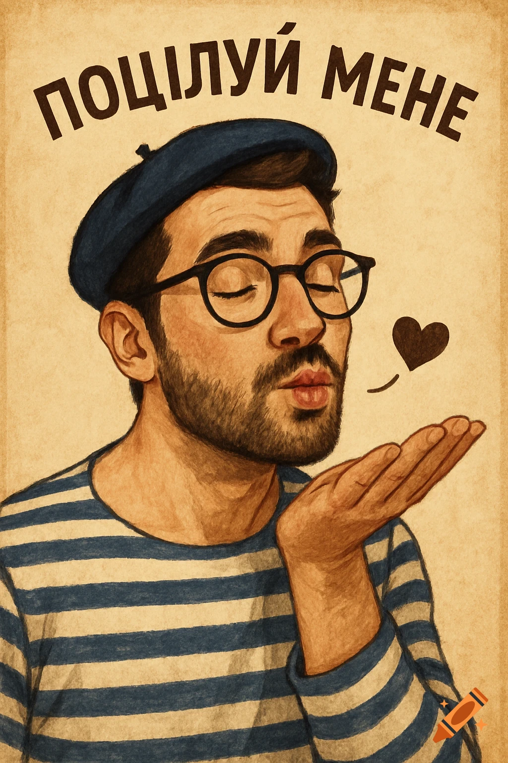 Stylized illustration of a man wearing a beret and striped shirt blowing a kiss, with "ПОЦІЛУЙ МЕНЕ" text above.