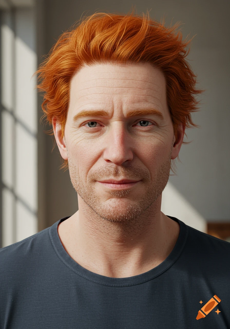 Photorealistic portrait of a man with red hair.