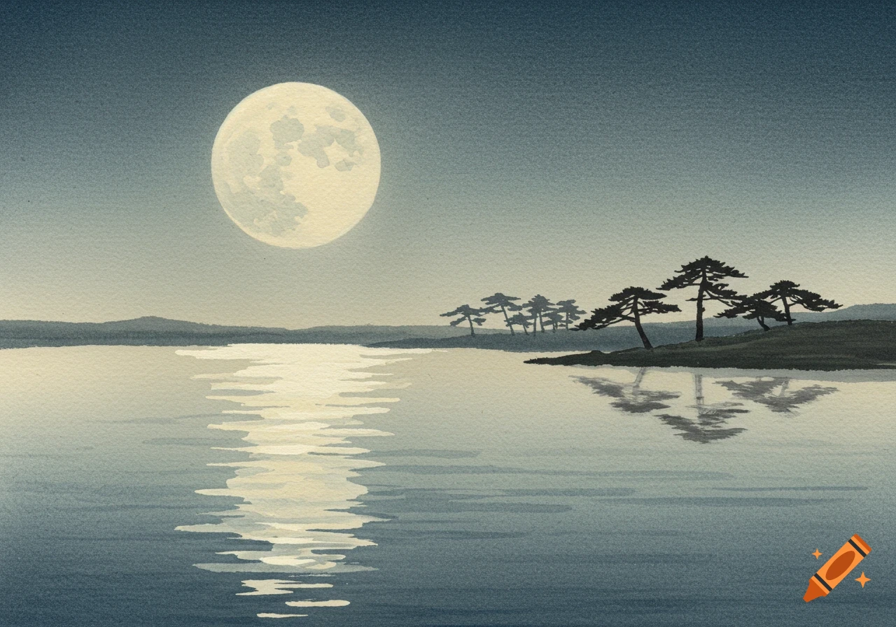 Moon over water with trees on the shore in traditional Japanese painting style