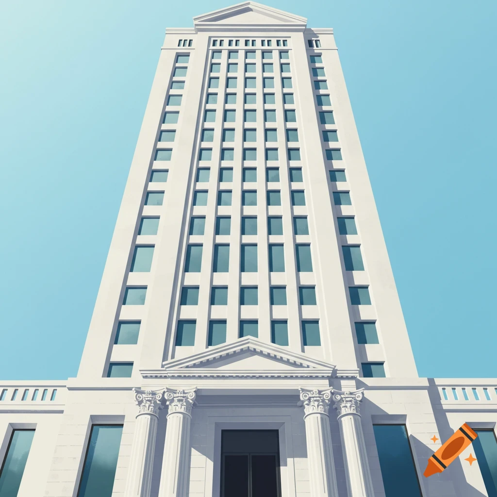 Tall white building with many windows, viewed from below, featuring a classical entrance with pillars against a blue sky.