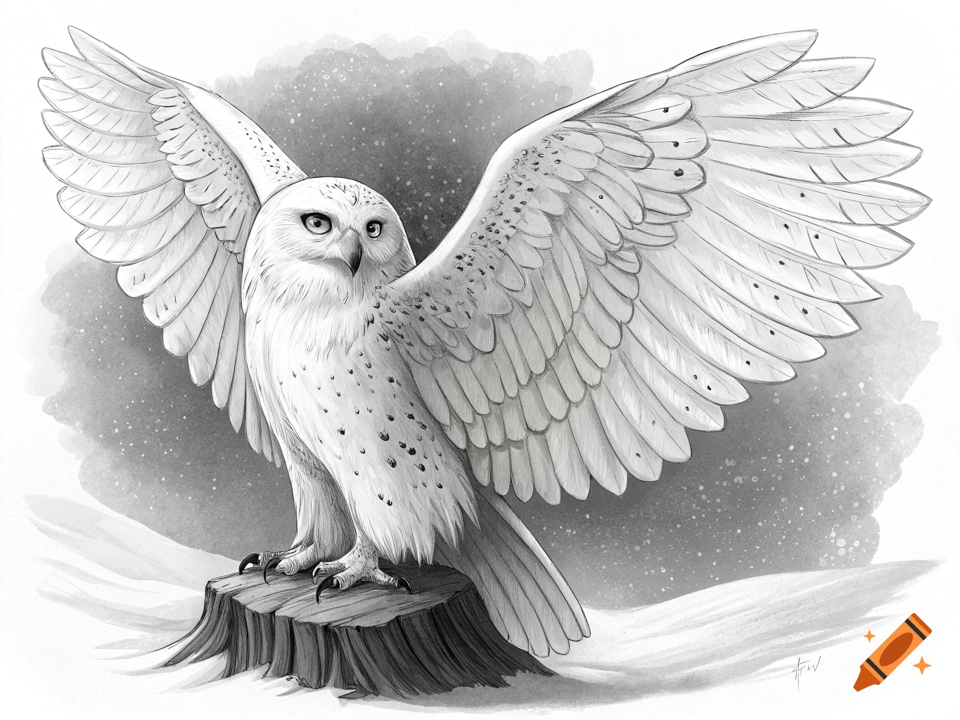 Black and white illustration of a snowy owl perched on a tree stump ...