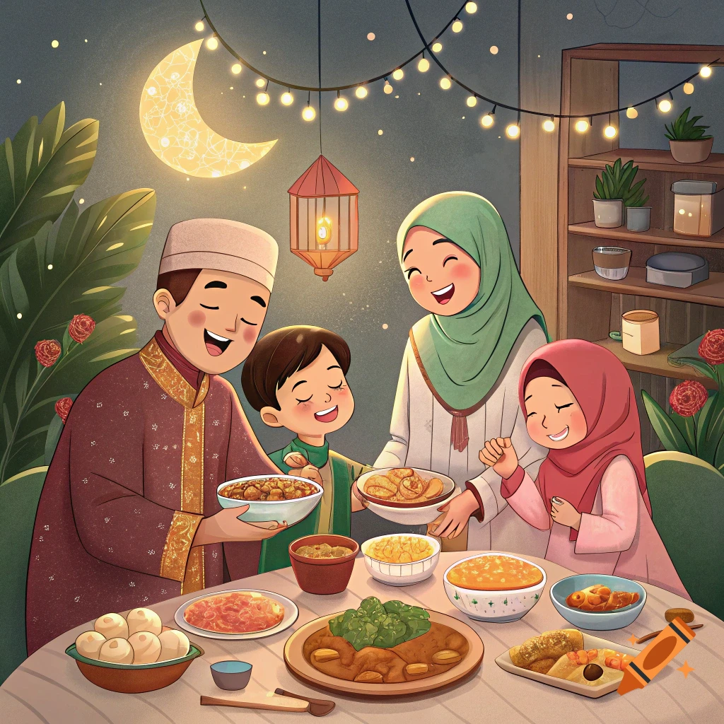Cartoon illustration of a Muslim family eating a meal under a crescent moon and string lights.