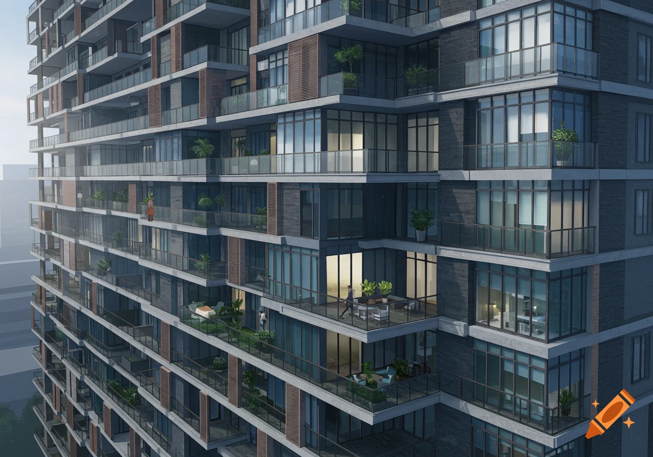 Digital rendering of a modern high-rise building with balconies and windows.