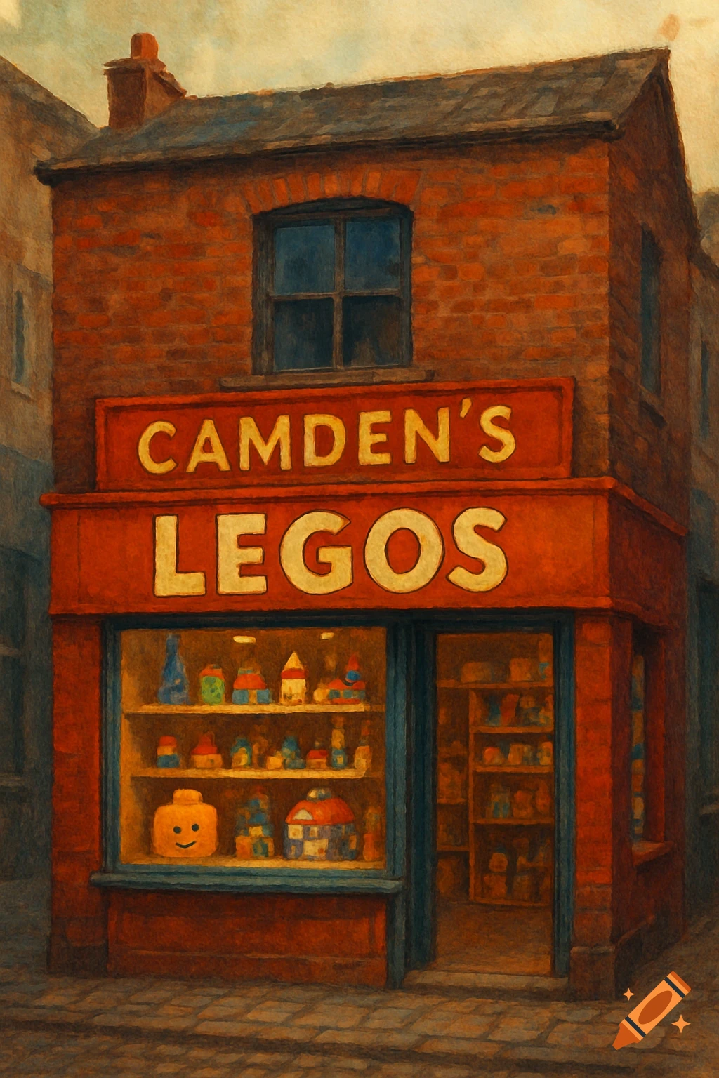 Painted storefront with 'Camden's Legos' sign and toys in the window