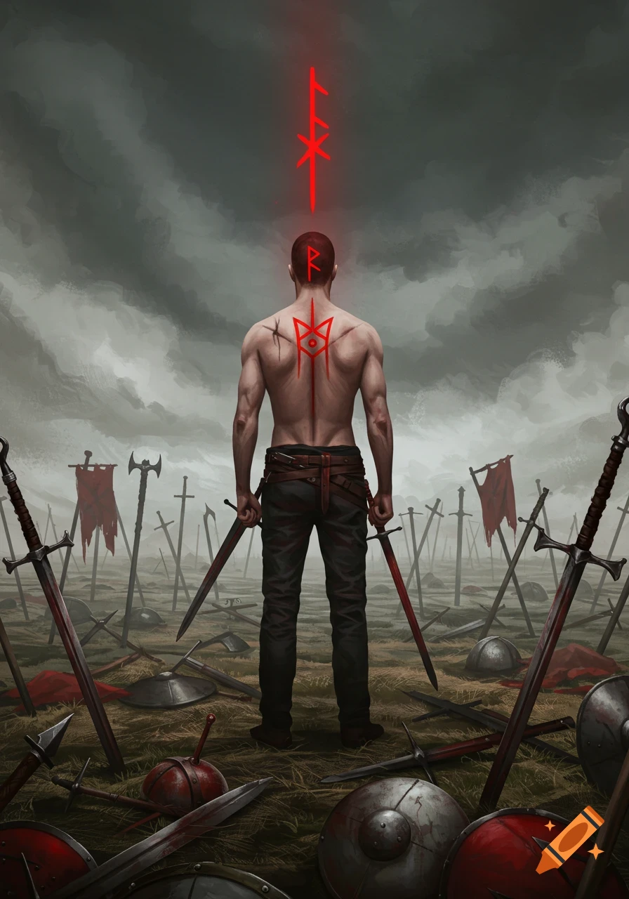 Shirtless warrior with red runes on back stands in a field of medieval weapons under a cloudy sky. Dark fantasy style.