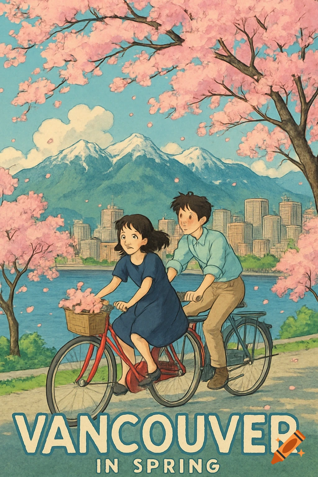 Studio Ghibli style travel poster of a couple cycling under cherry blossoms in Vancouver with mountains.