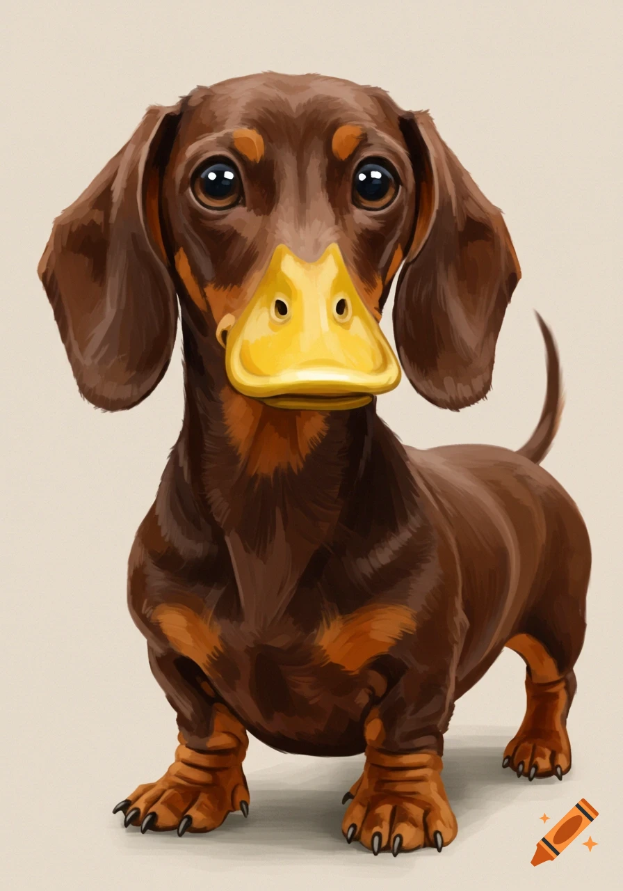 A stylized illustration of a brown dachshund with a yellow duck beak.