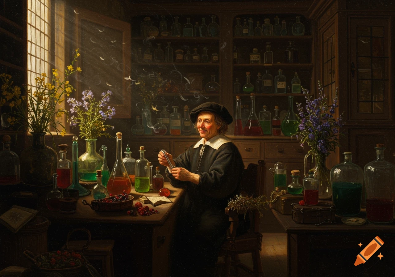 An alchemist in an old workshop, surrounded by bottles and equipment, in the style of a classical painting.