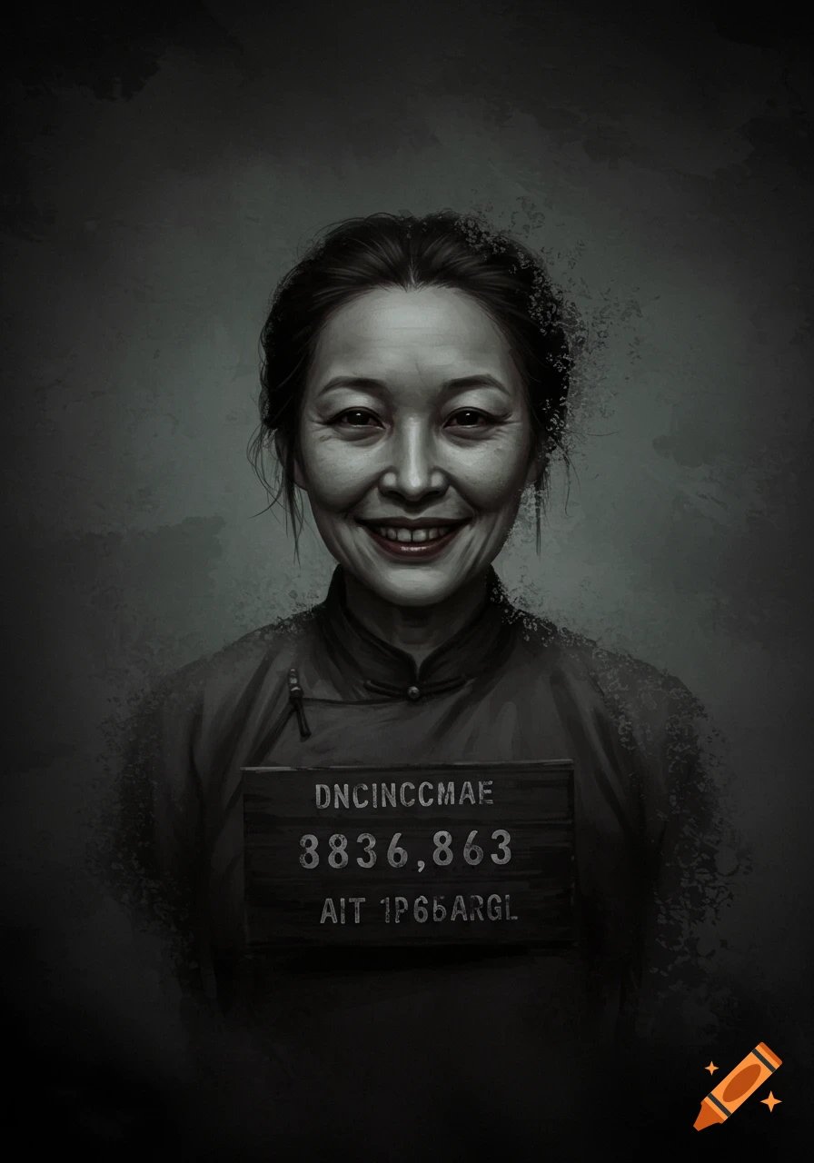 A black and white portrait of a smiling Chinese woman's mugshot with text on her chest, partially disappearing.