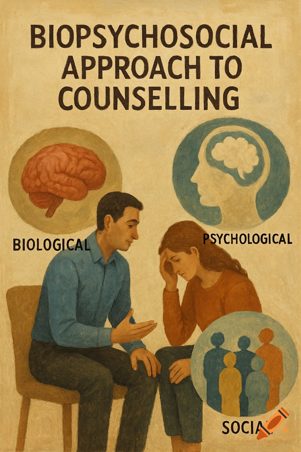 Painting illustrating biopsychosocial counselling with people talking and diagrams for biological, psychological, and social factors.