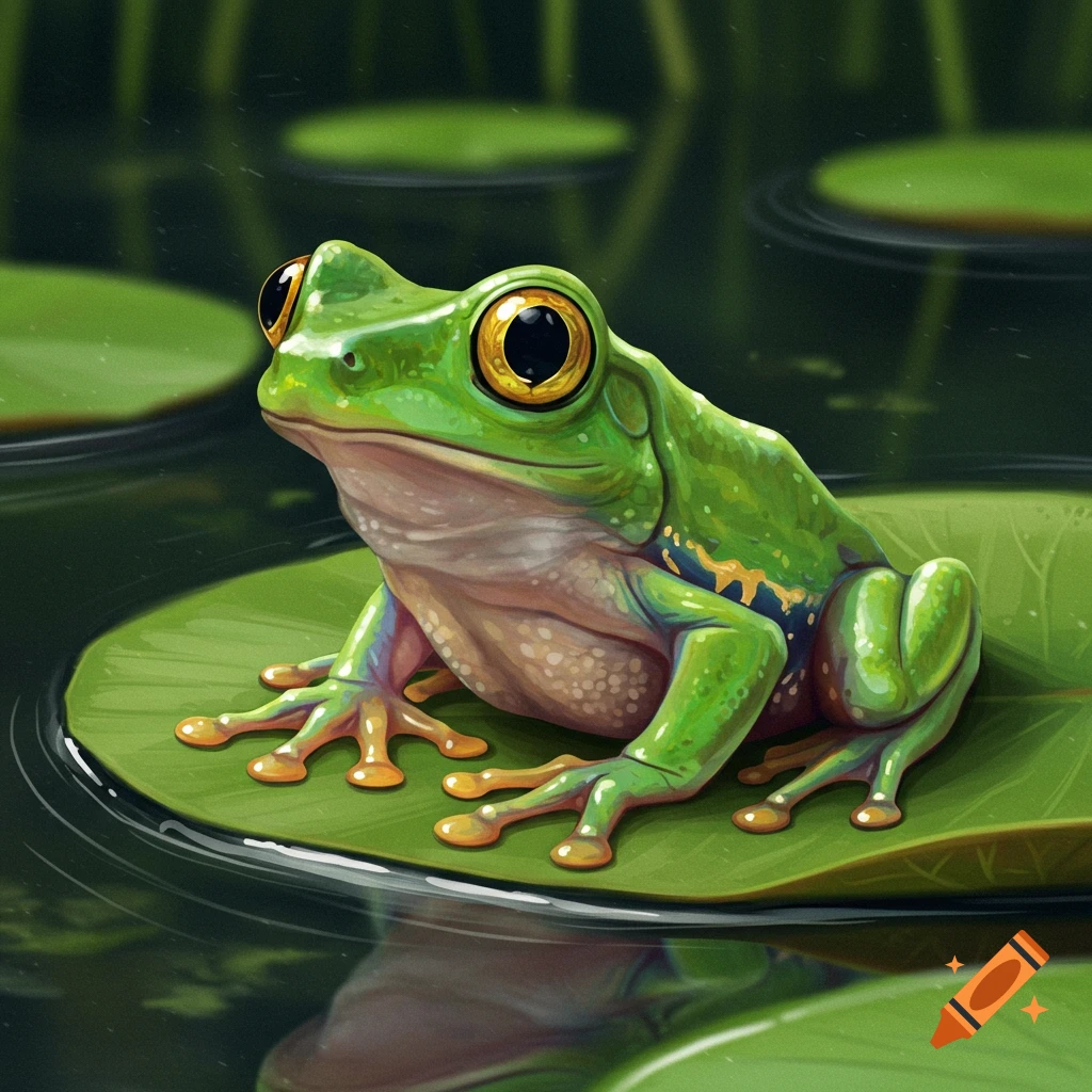 A vibrant green frog sits on a lily pad in a pond, detailed illustration.
