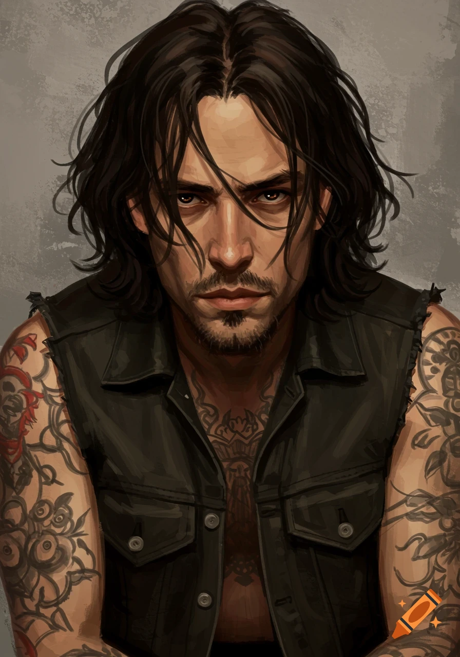 Illustration of a man with long dark hair, goatee, black vest, and tattoos looking intensely at the viewer.