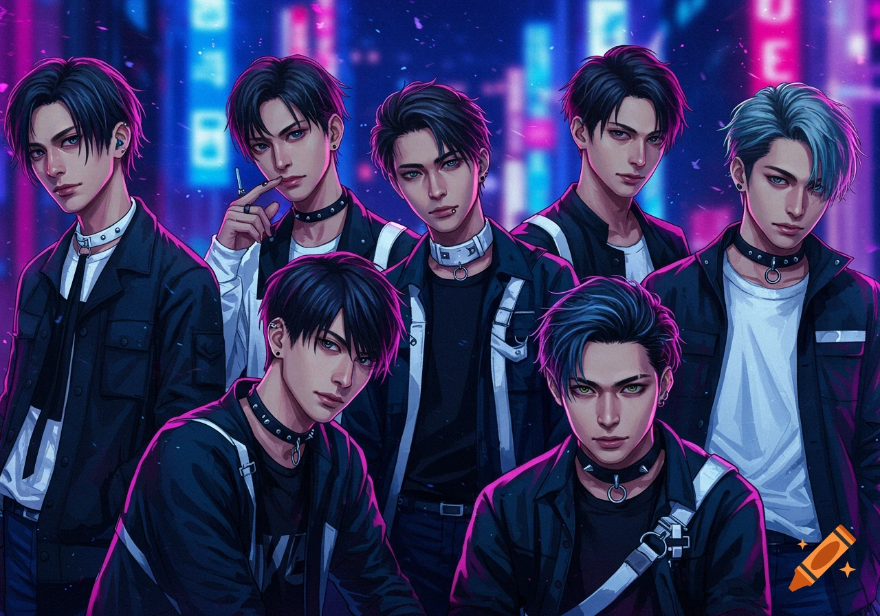 Digital art of a group of young men in dark clothes and chokers against a neon city background.