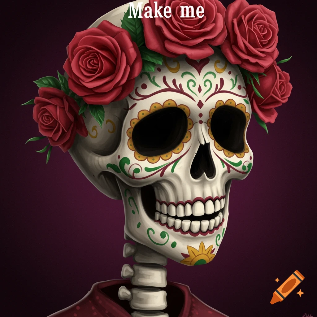 A stylized skeleton figure with a decorated sugar skull face, adorned with a crown of red roses.