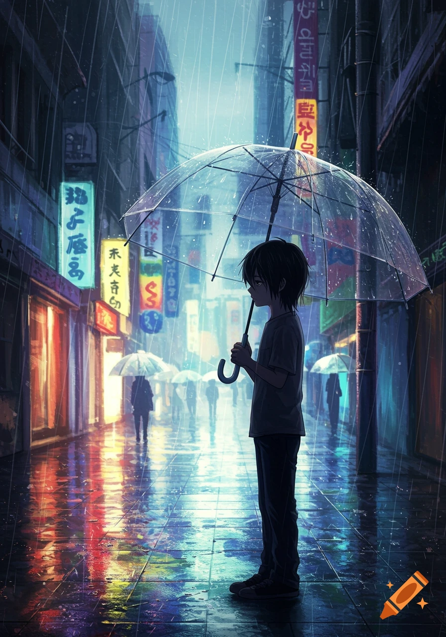 Anime illustration of a boy under a clear umbrella in a rainy city street with neon signs and reflections.