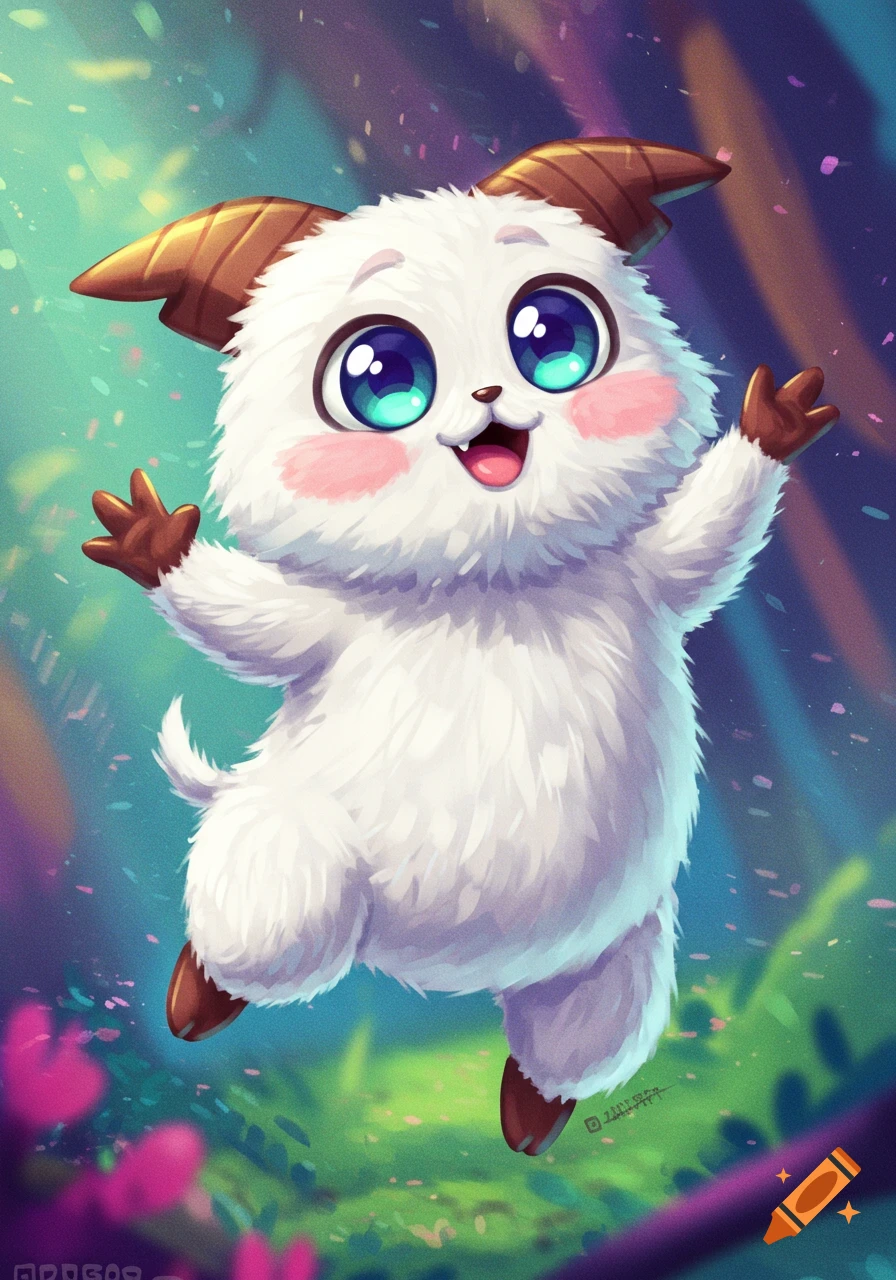 A fluffy white creature with big blue eyes and horns jumps happily.
