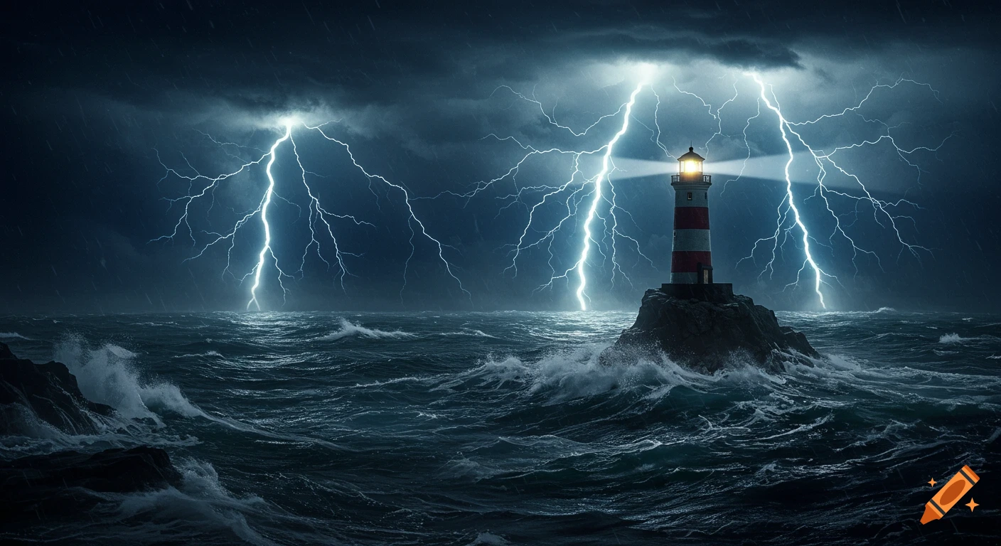 A red and white lighthouse on a rock in a stormy sea with dark clouds and multiple lightning bolts striking.