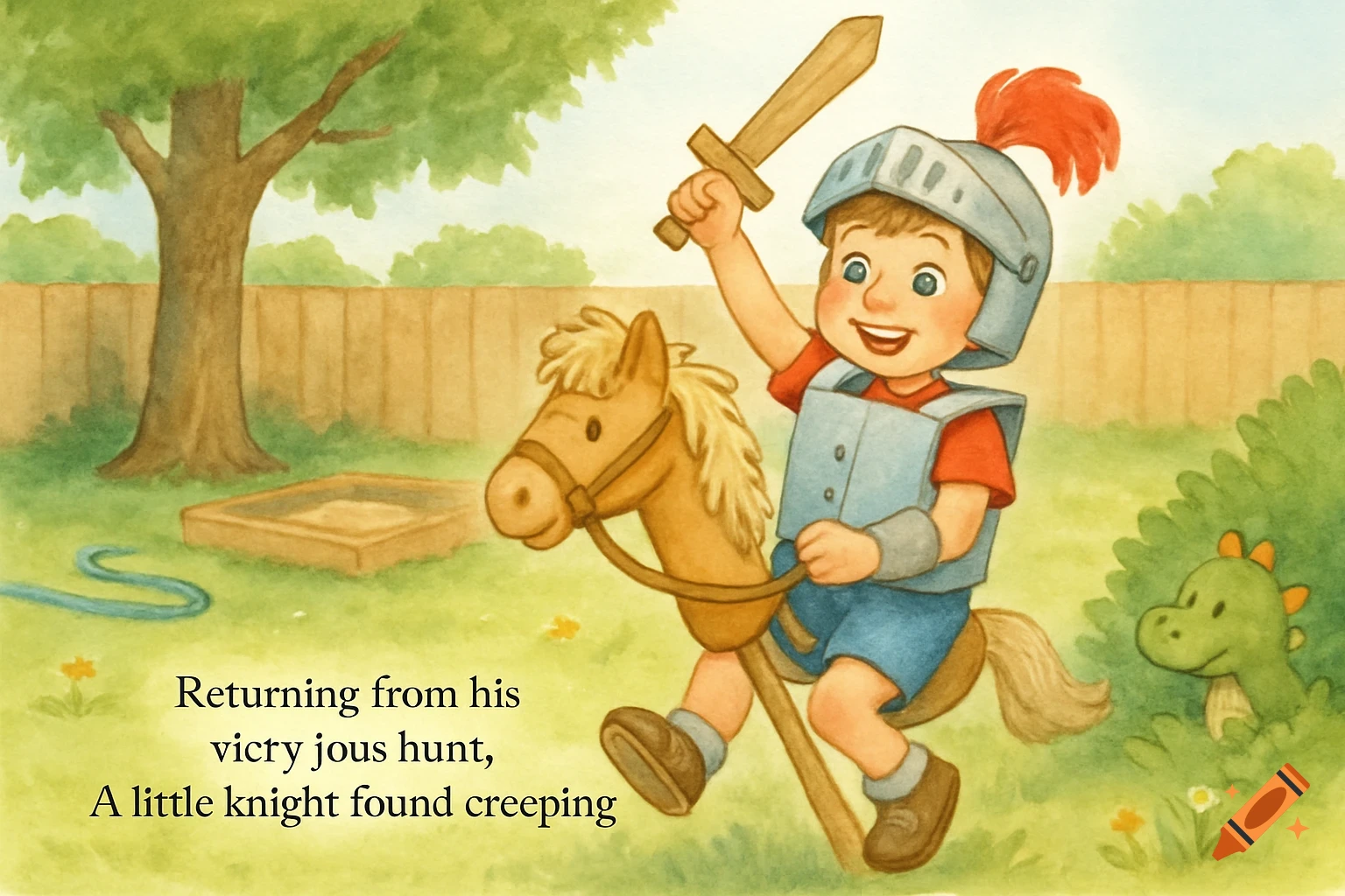 Watercolor illustration of a boy dressed as a knight riding a stick horse in a backyard with a toy dragon.