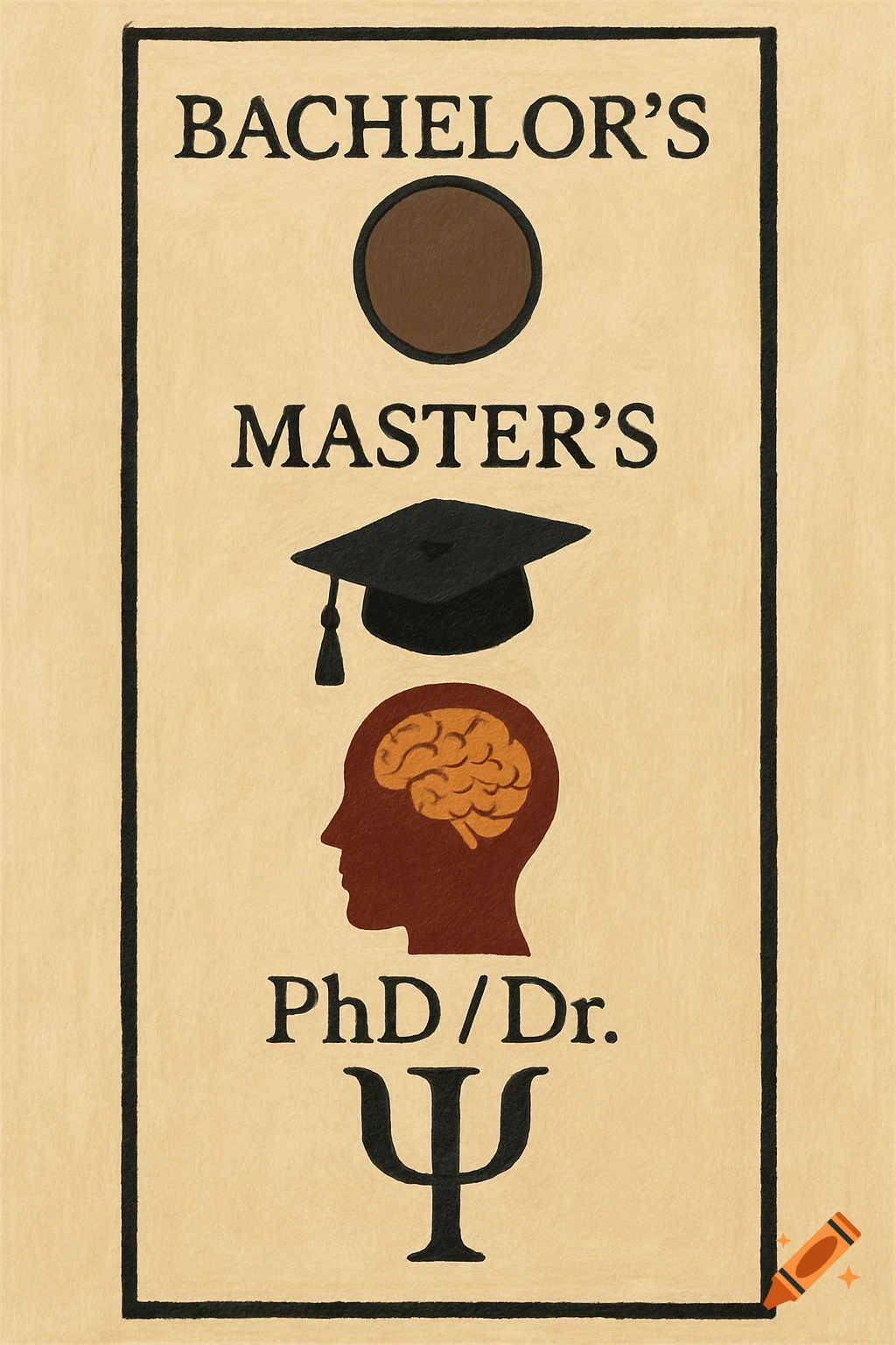 Illustration showing education levels: circle for Bachelor's, cap for Master's, head with brain and Psi symbol for PhD/Dr.