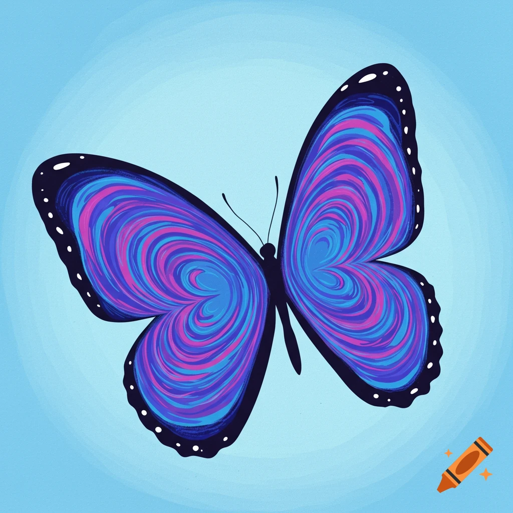 Illustration of a butterfly with swirling blue, purple, and pink heart-shaped patterns on its wings against a blue background.