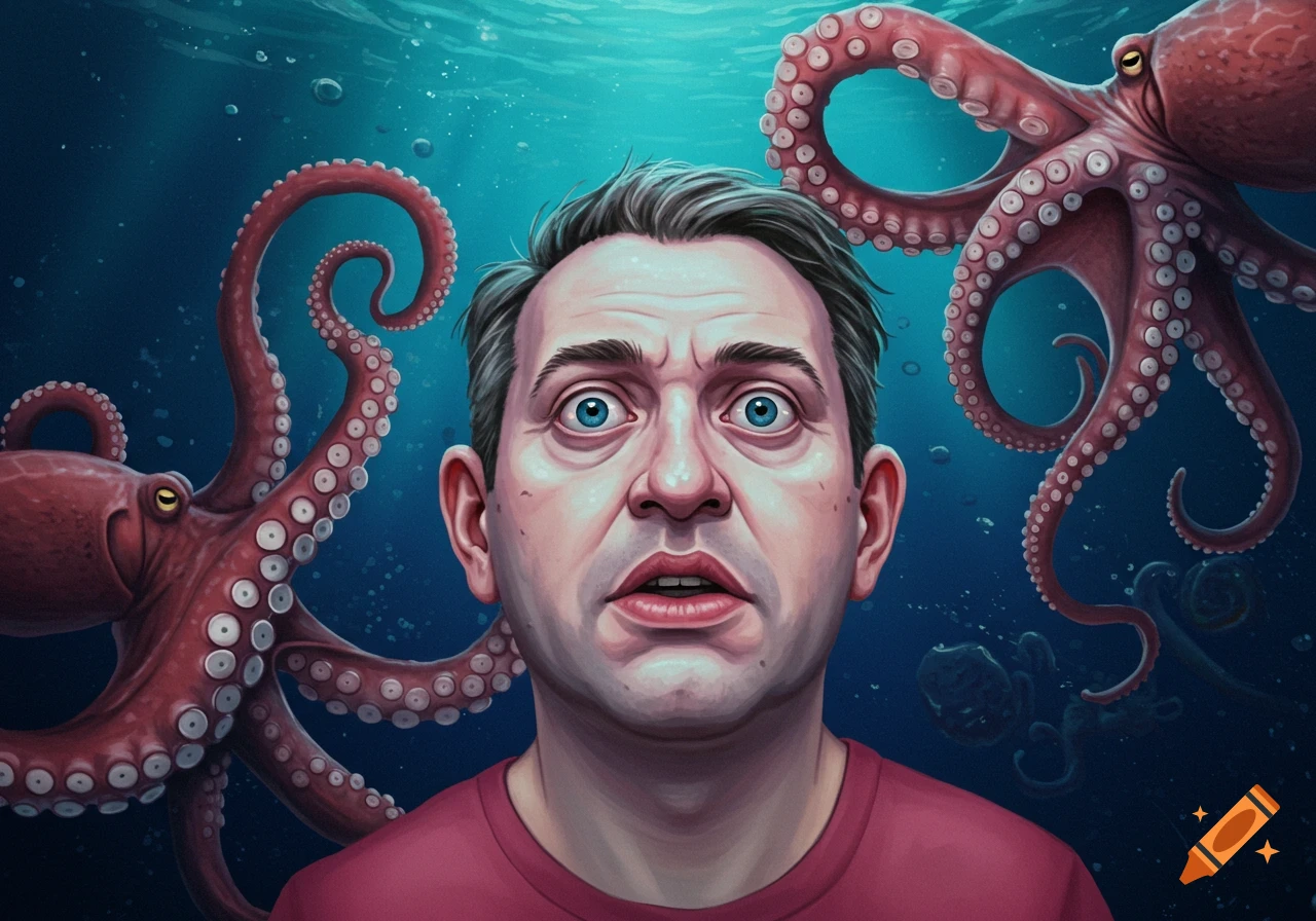 Illustrative image of a startled man underwater surrounded by red octopuses.