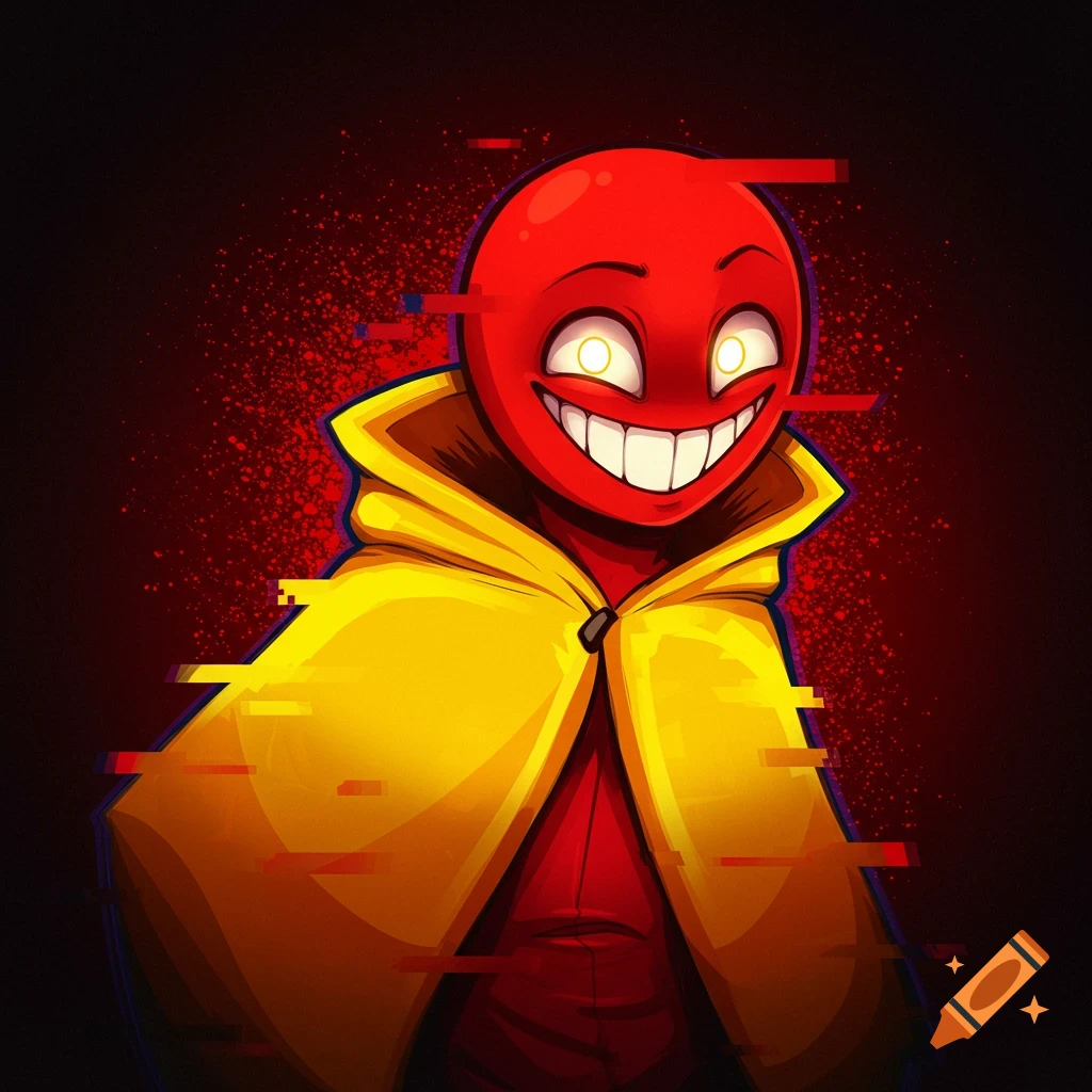 Red character with sharp teeth, glowing eyes, yellow cloak, and glitch effects against a dark background.