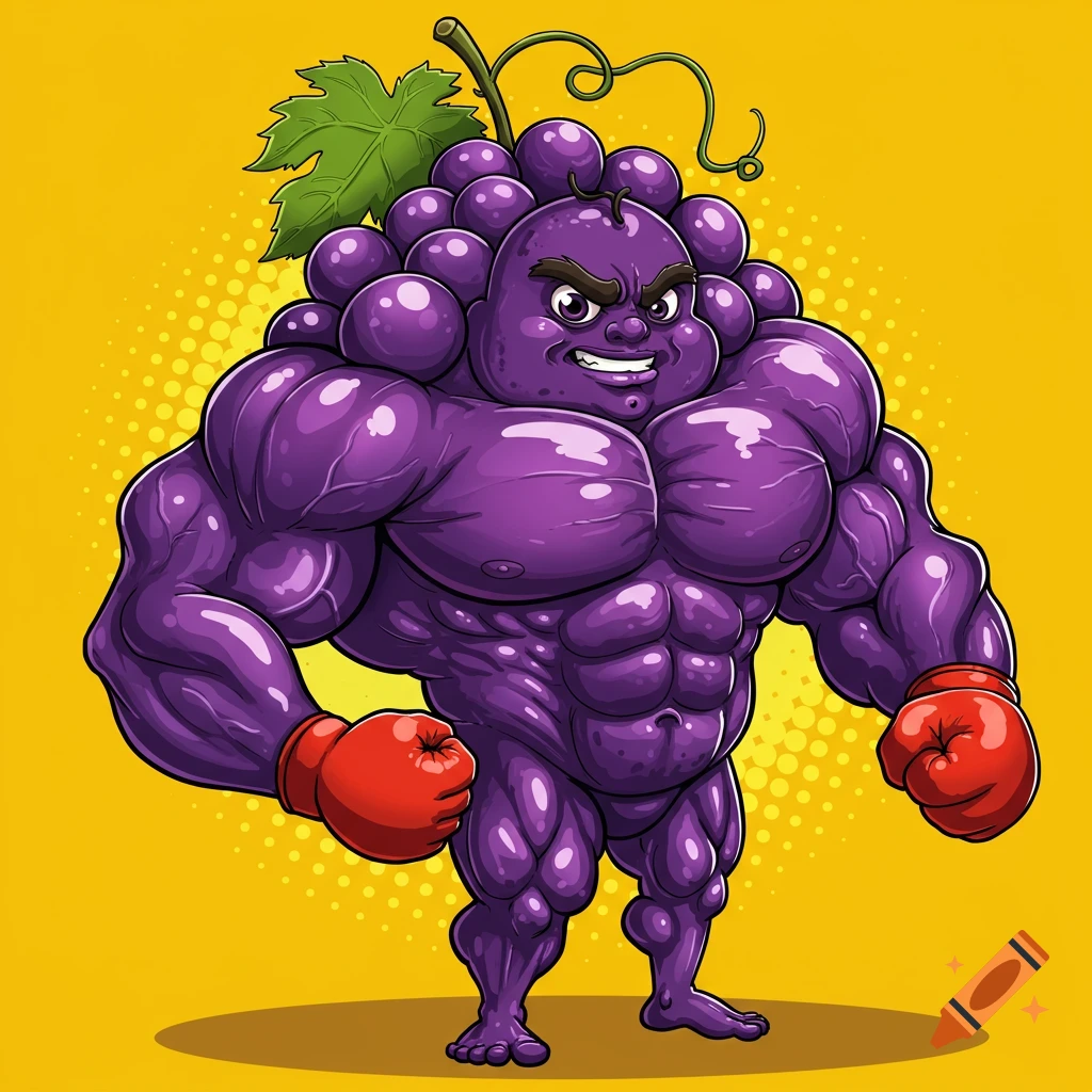 Cartoon illustration of a muscular purple grape wearing red boxing gloves against a yellow background.