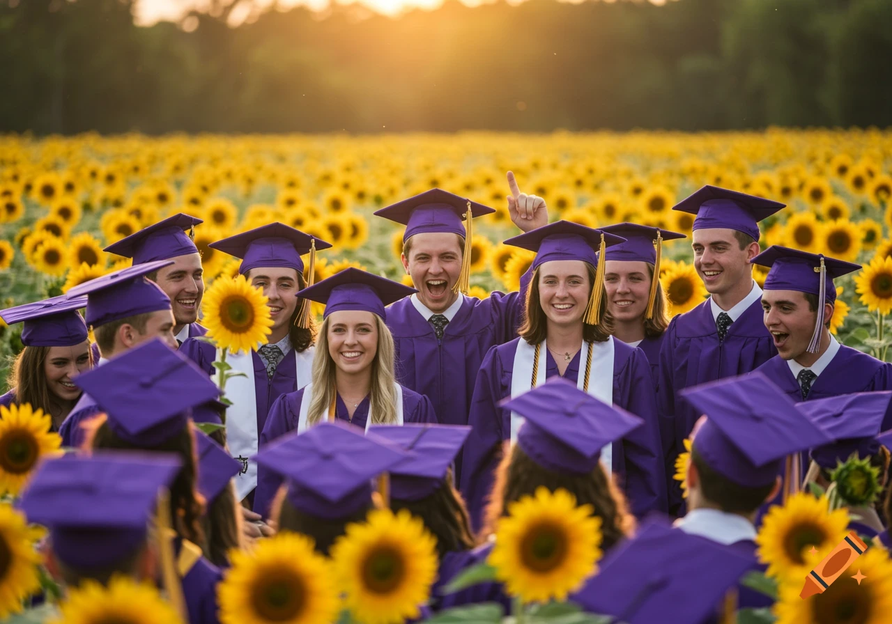 Group of graduates in purple caps and gowns smiling in a field of sunflowers at sunset.