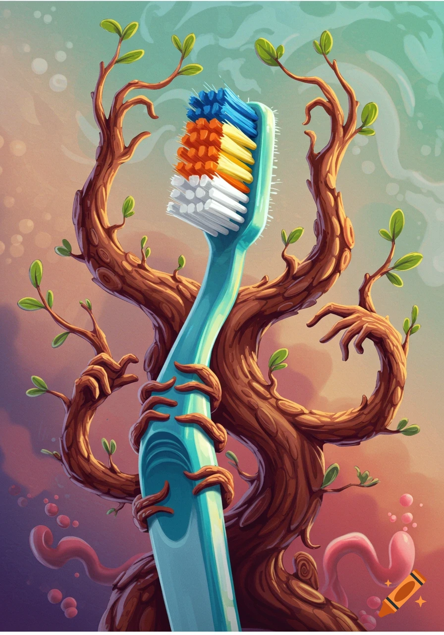 Surreal illustration of a toothbrush held by tree branches resembling arms against a cloudy sky.