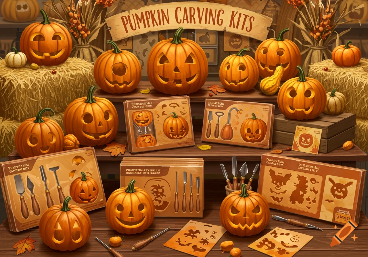 A retail display featuring various carved and uncarved pumpkins alongside boxes of pumpkin carving kits.