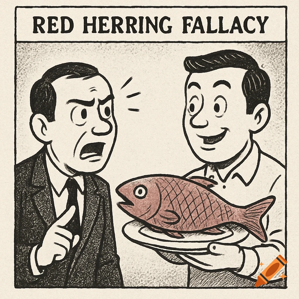 Cartoon illustration of a man showing a fish to an angry man. Text reads "RED HERRING FALLACY". Newspaper style.