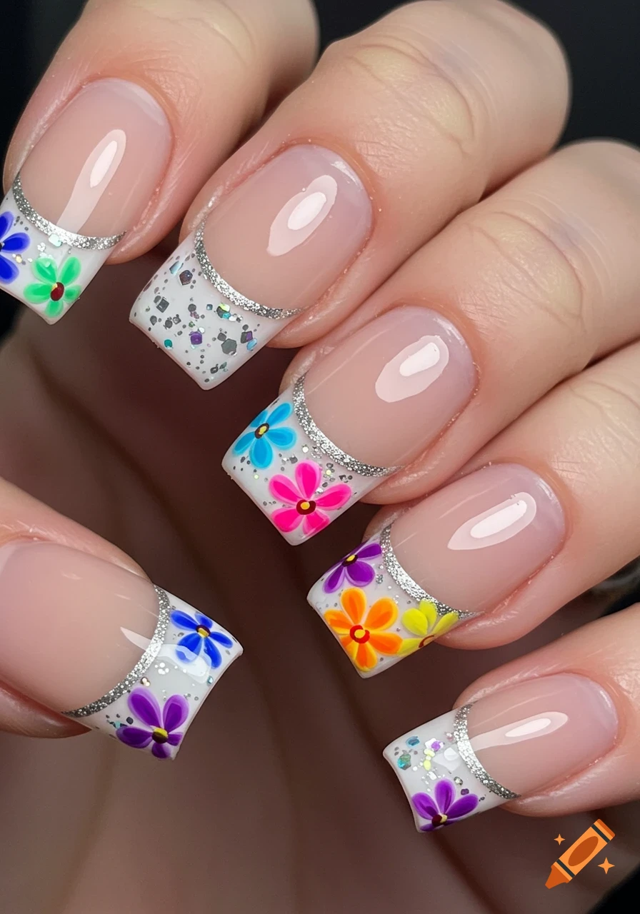 Close-up of acrylic French tip nails with sparkly silver lines and colorful flower designs.