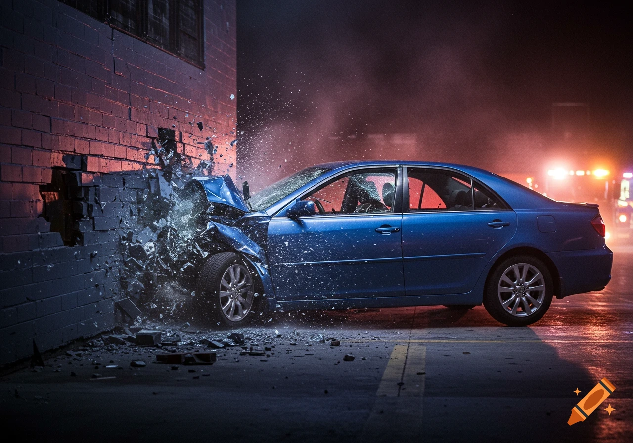 Blue sedan crashing into a brick wall with debris.