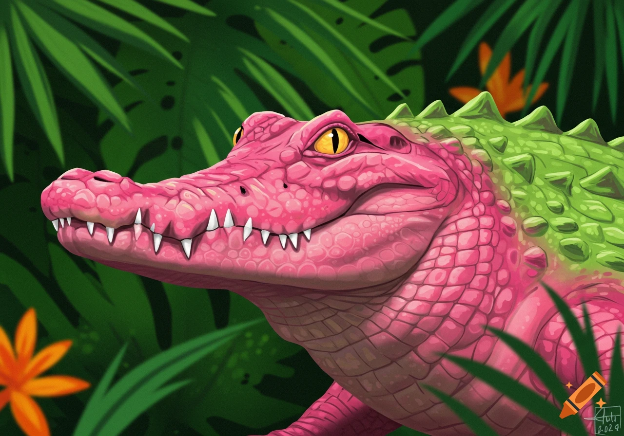 Illustration of a pink and green crocodile in a tropical jungle.