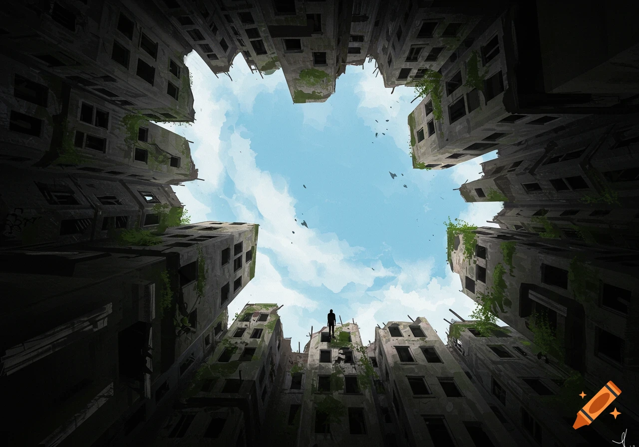 Extreme low angle view looking up between tall ruined buildings towards a figure standing on a roof silhouetted against the sky.