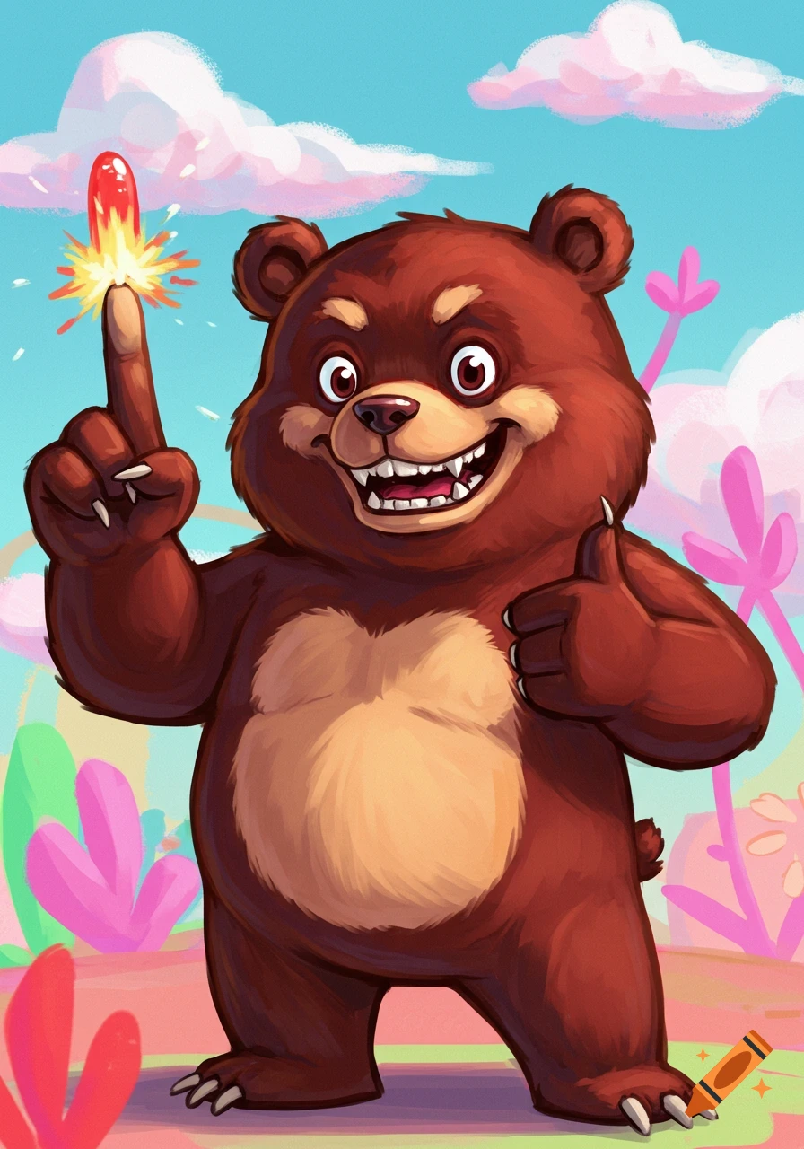 Cartoon bear giving a thumbs up and pointing up with a glowing red object on its index finger.