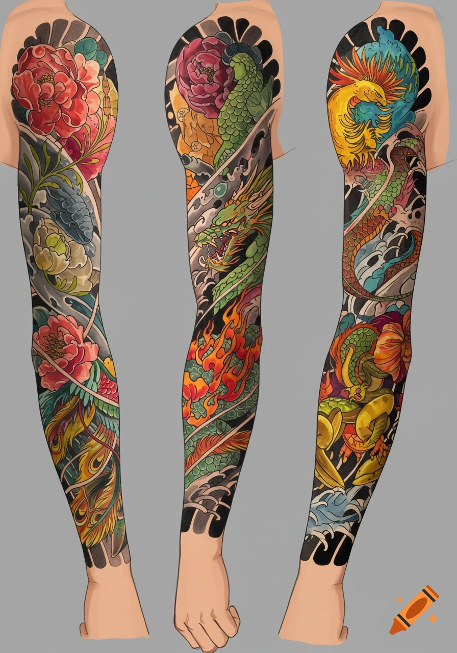 Japanese style full sleeve tattoo design with dragon, phoenix, flowers, and waves on arms.