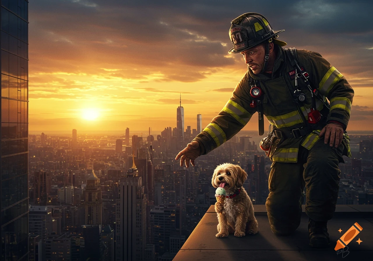 A firefighter kneels next to a dog eating ice cream on a skyscraper roof at sunset, overlooking a city skyline.