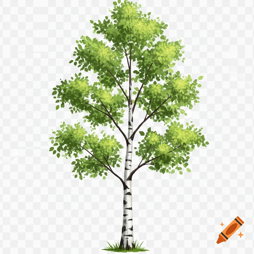 Illustration of a birch tree with green leaves on a transparent background.