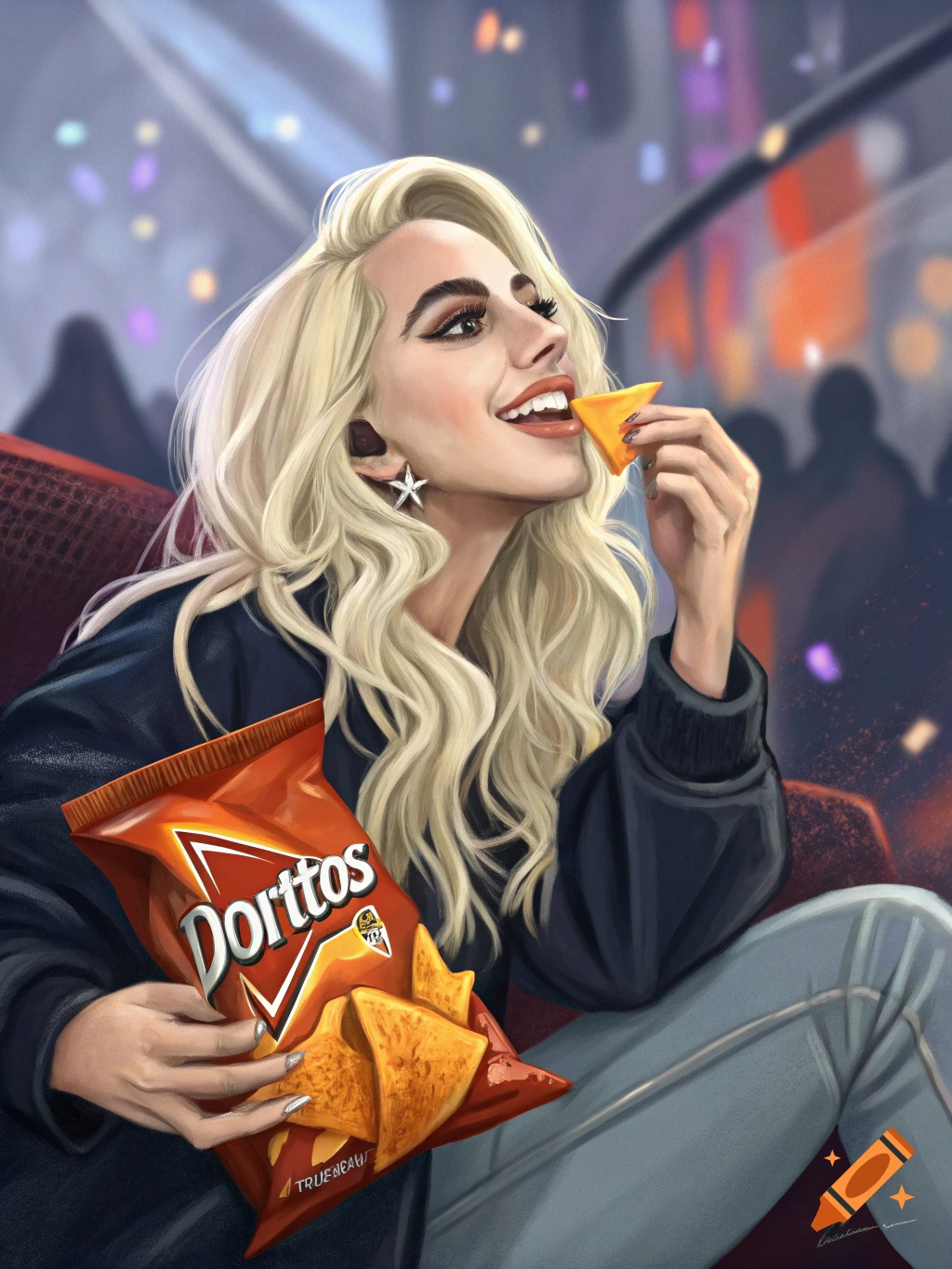 A woman eats a chip from a bag of Doritos in a public venue. on Craiyon