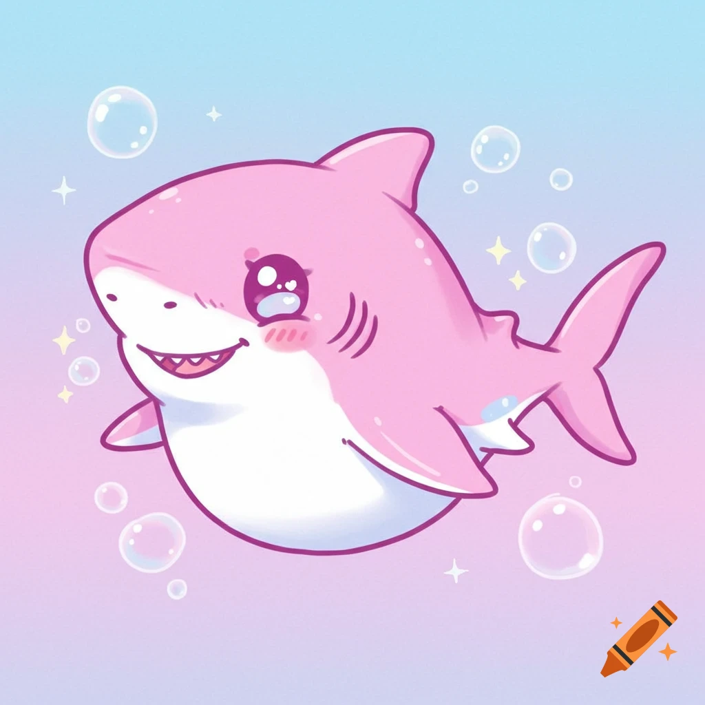 A cute pink cartoon shark smiles among bubbles and sparkles.
