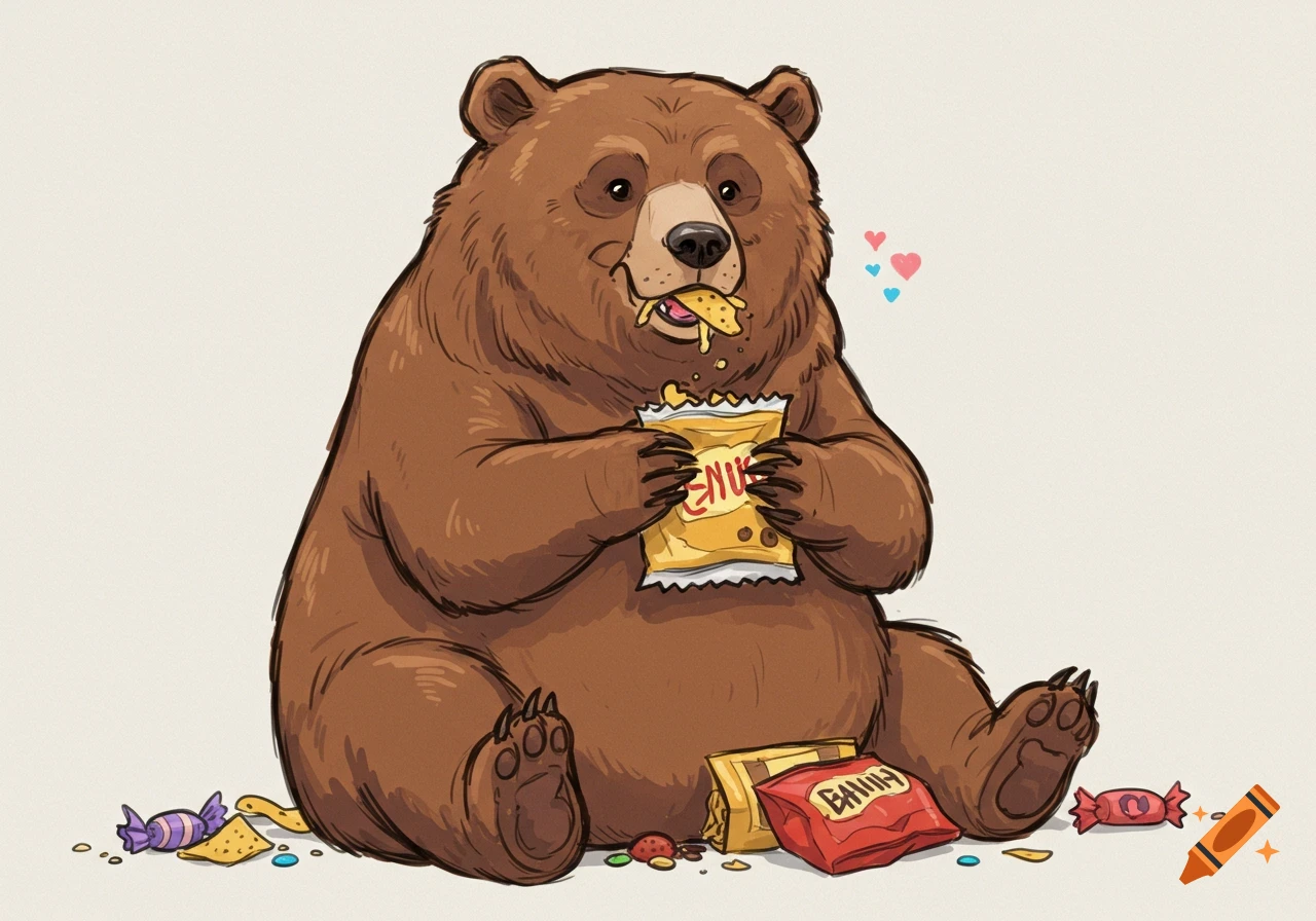 A cartoon illustration of a chubby brown bear sitting and eating potato chips from a bag. Scattered snacks lie around it.