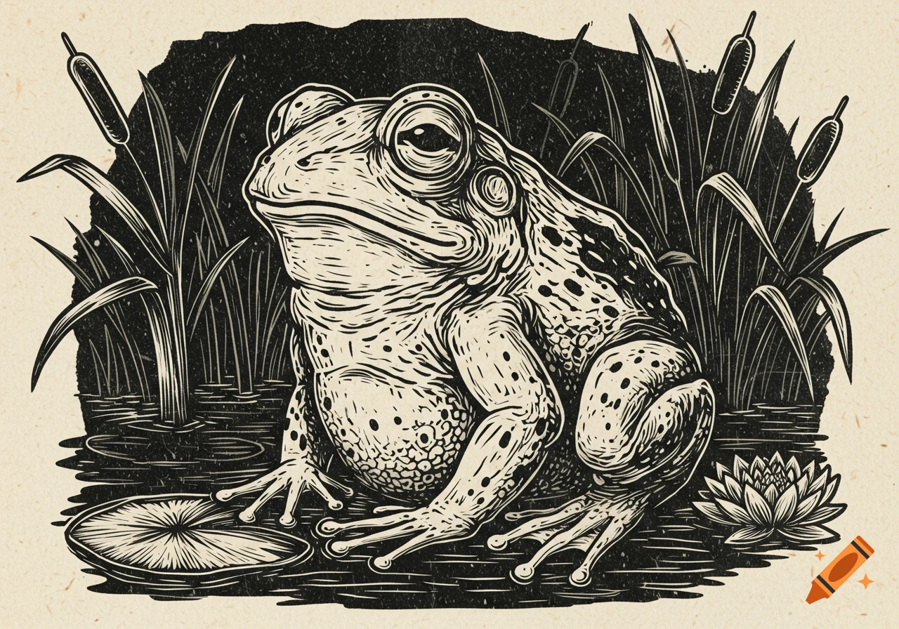 Black and white woodcut of a frog on a lily pad in a pond with reeds and a water lily.