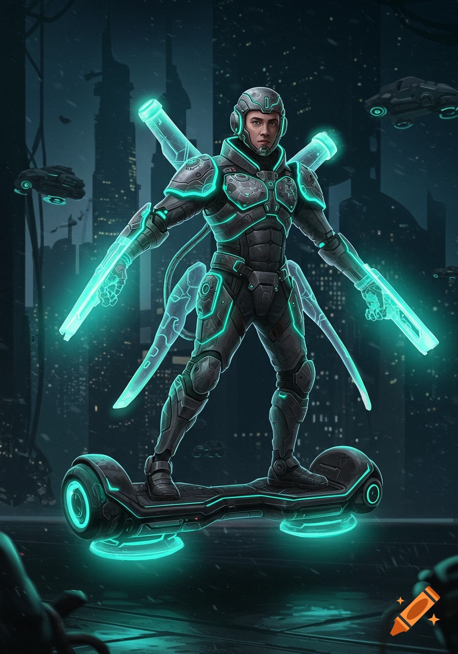 Person in a glowing sci-fi suit on a hoverboard in a cyberpunk city